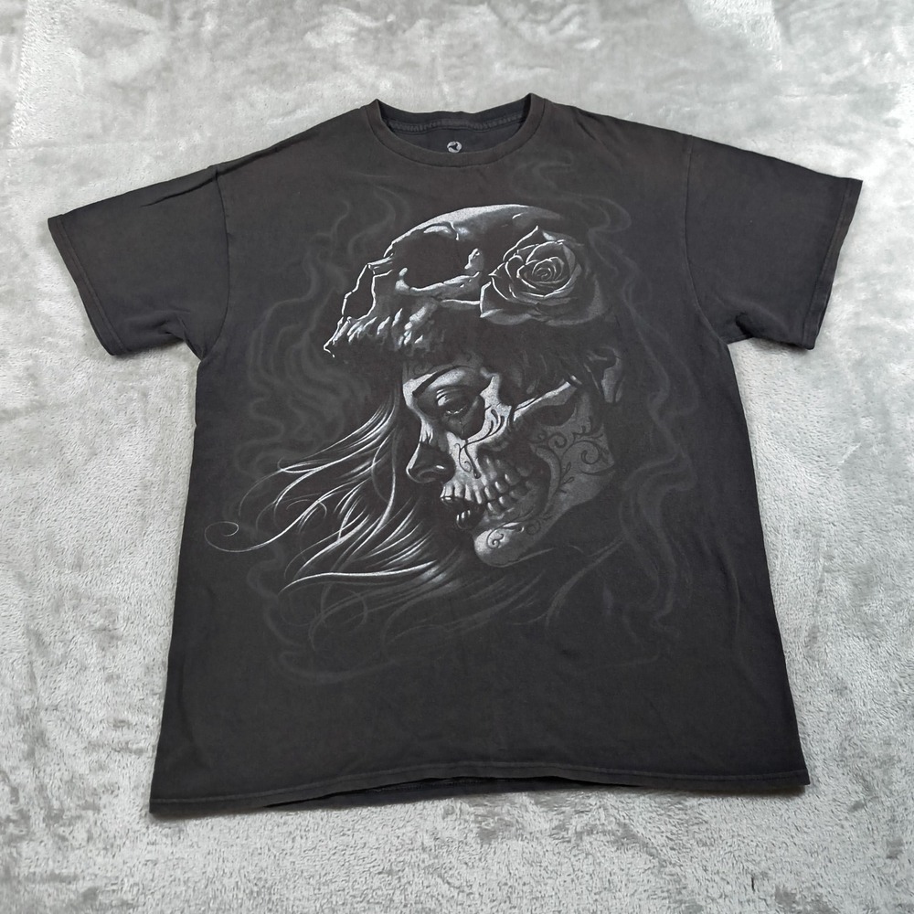 Vintage Skull Liquid Shirt‎ Mens Large Black Y2K Tattoo Day Of The Dead Grunge